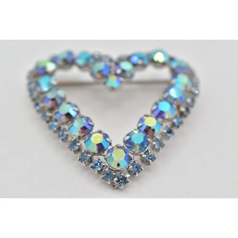 Vintage Crystal Heart Pin Brooch Blue Aurora Borealis Prong Rhinestone 60s BinBI